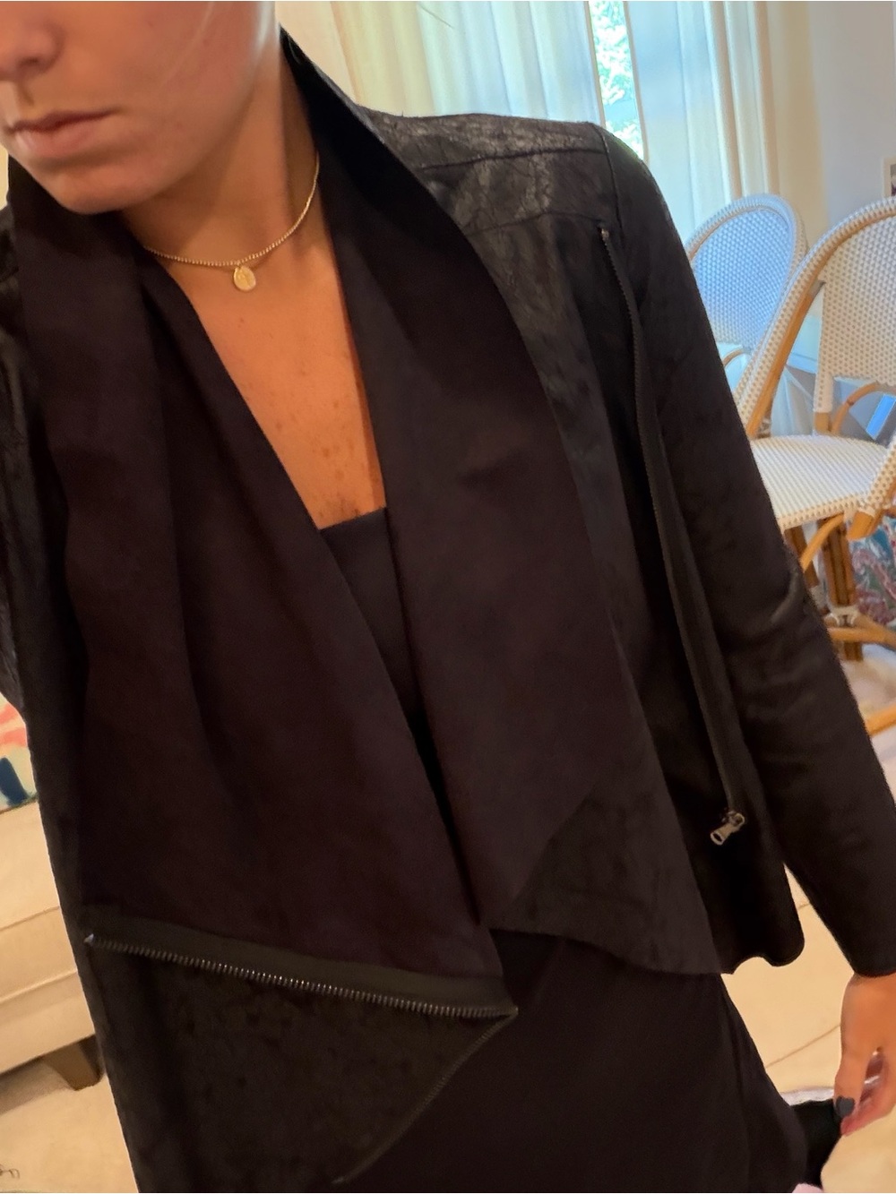Vigoss Black Draped Leather Jacket with Open Front